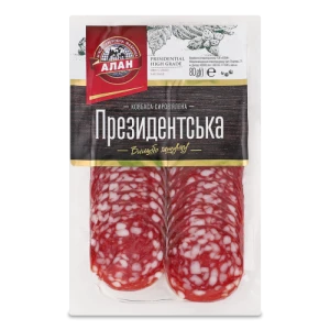 Ковбаса «Президентська» сиров’ялена вищого ґатунку ТМ «Алан», нарізка, 80 г