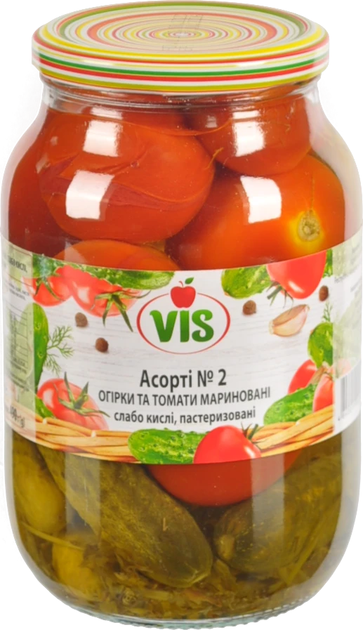 Асорті огірки та томати Vis 980г слабо кислі мариновані