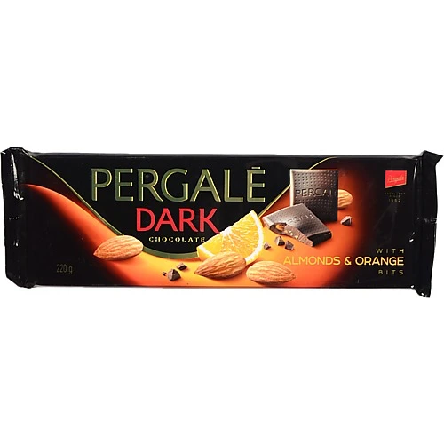 Шоколад Pergale 220гр чорний з мигдалем та апельсином.