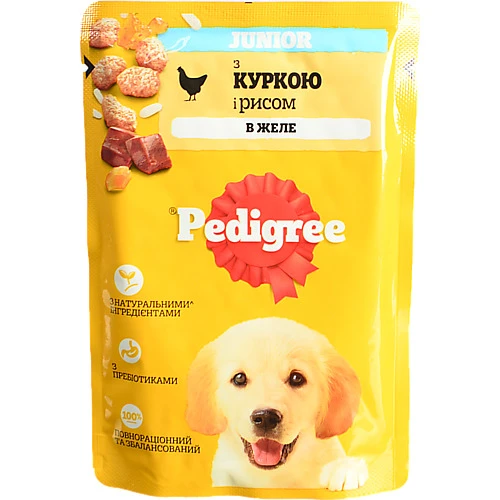 Корм консервований повнораціонний для цуценят З куркою в желе Junior Pedigree д/п 100г