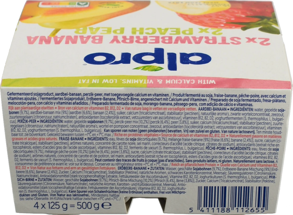 Продукт Алпро 4х125г полуниця банан персик груша соєвий