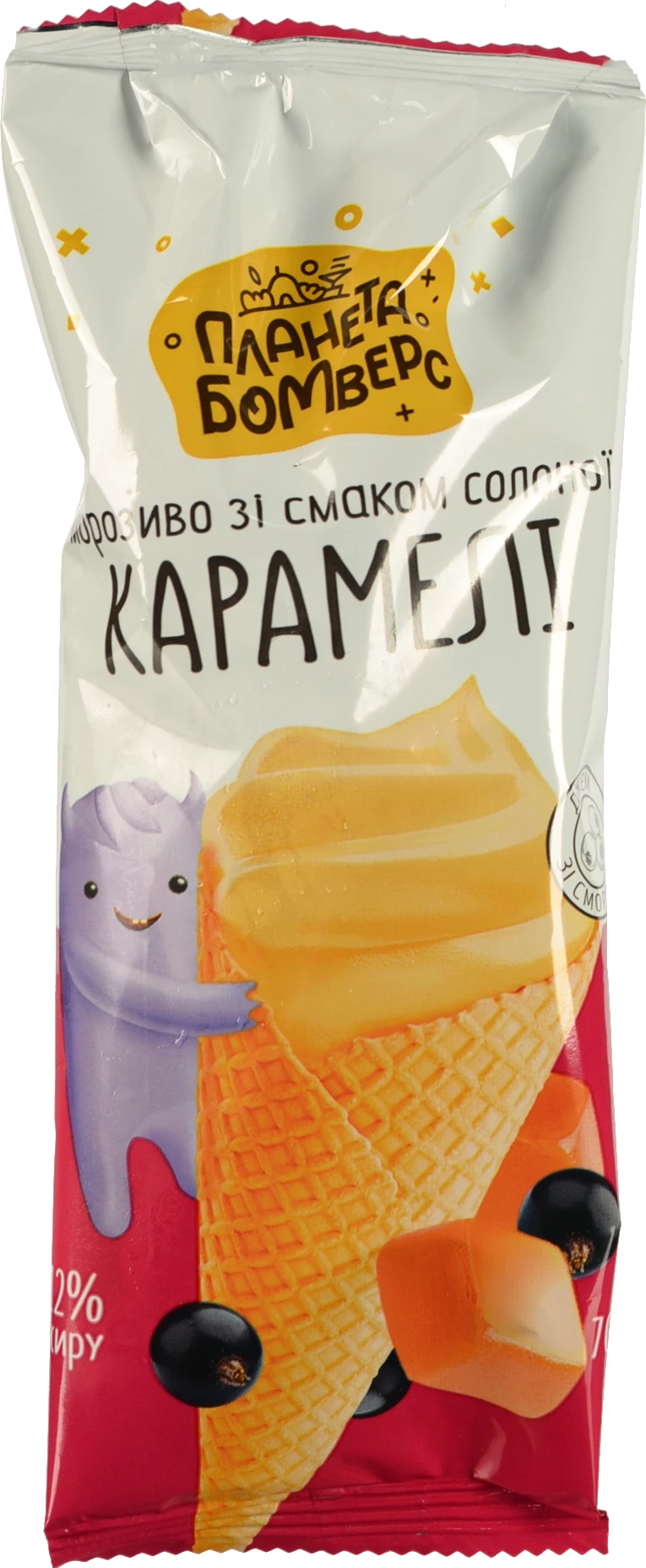 Морозиво Планета Бомверс 70г ріжок карамель