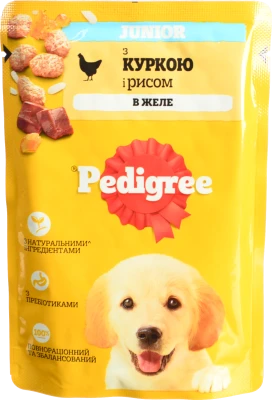 Корм консервований повнораціонний для цуценят З куркою в желе Junior Pedigree д/п 100г