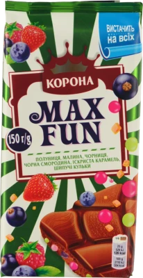 Шоколад молочний Полуниця-малина-чорниця-чорна смородина-вибухова карамель-шипучі кульки Max Fun Корона м/у 150г
