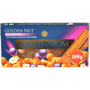 Шоколад молочний з цілими лісовими горіхами та родзинками Gold Millennium к/у 100г