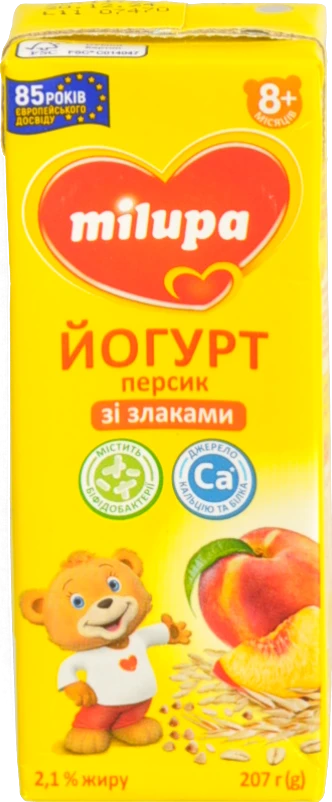 Йогурт Мілупа 207г 2.1% персик злаки