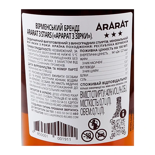 Бренді 0.7л 40% вірменський 3 зірки Ararat пл
